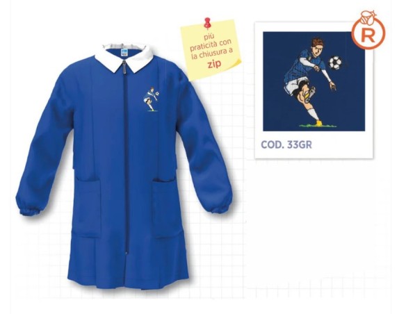 Grembiule con zip cerniera scuola elementare blu bambino Siggi Made in Italy ricamo CALCIATORE 4167