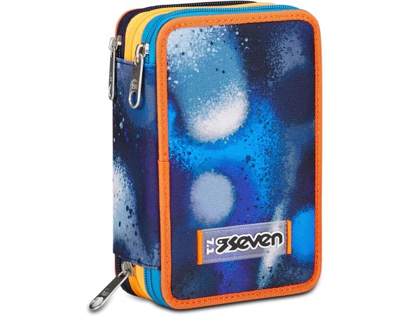 SEVEN Astuccio Scuola 3 Zip, Blu Arancione, Retrocolor, Portapenne Triplo Scomparto Completo Di Penne, Matite, Colori, Accessor