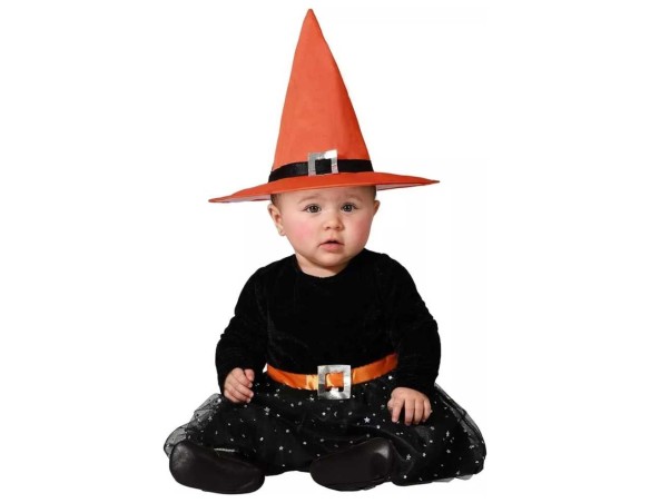 COSTUME BABY STREGA ARANCIO VESTITO COMPLETO DI CAPPELLO PER TRAVESTIMENTI DI HALLOWEEN E PARTY A TEMA