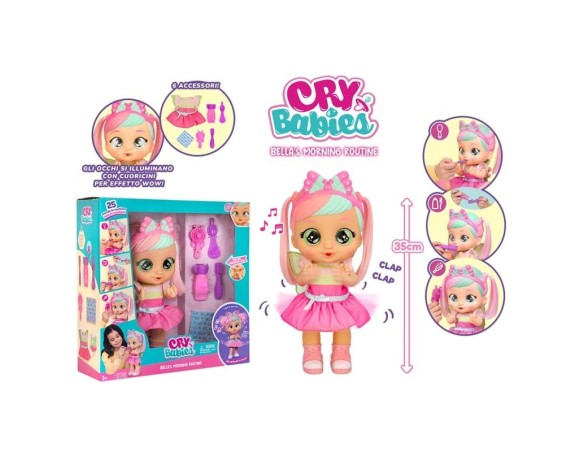 Cry Babies Bella Morning Routine, Bambola, Fa 3 Routine Interattive, Applaude e Balla e i suoi Occhi si Illuminano, Include 6 A