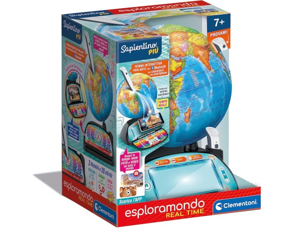 Clementoni Sapientino Più - Esploramondo Real Time, Mappamondo Bambini 7+ Anni, Globo Educativo, Penna Bluetooth e App per Foto