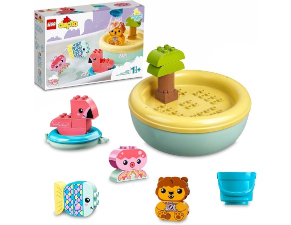 LEGO DUPLO Ora del Bagnetto: Isola degli Animali Galleggiante, Giochi Vasca da Bagno per Bambini con Ciambella, Secchio e 4 Ani