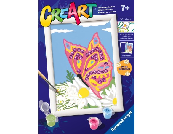 Ravensburger - CreArt Serie E, Farfalla Scintillante, Dipingere con i Numeri, Kit Pittura Bambini, Tema Animali, Cornice Inclus