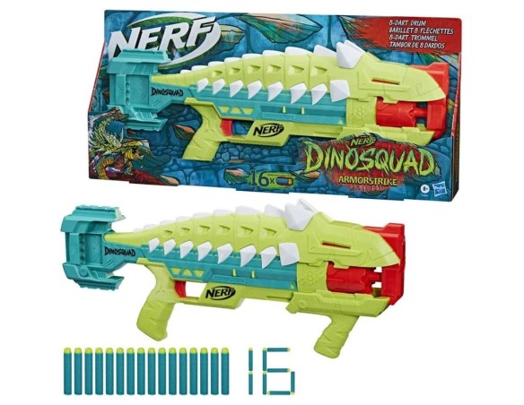 Hasbro Nerf, DinoSquad Armorstrike, blaster con tamburo rotante da 8 dardi, impugnatura sganciabile, portadardi, 16 dardi Nerf 
