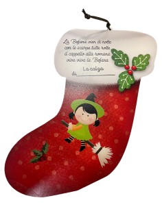 CALZA BEFANA IN LEGNO CON SACCHETTO IN TESSUTO NATALE FABULA
