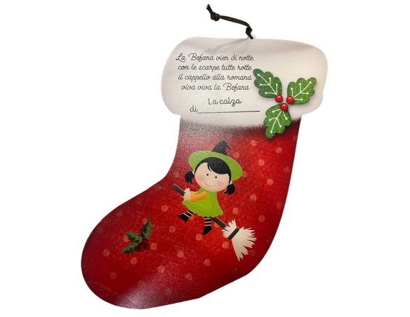 CALZA BEFANA IN LEGNO CON SACCHETTO IN TESSUTO NATALE FABULA