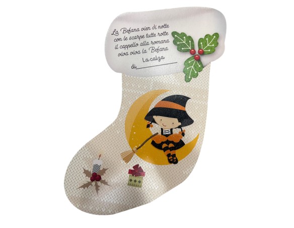 CALZA BEFANA IN LEGNO CON SACCHETTO IN TESSUTO NATALE FABULA