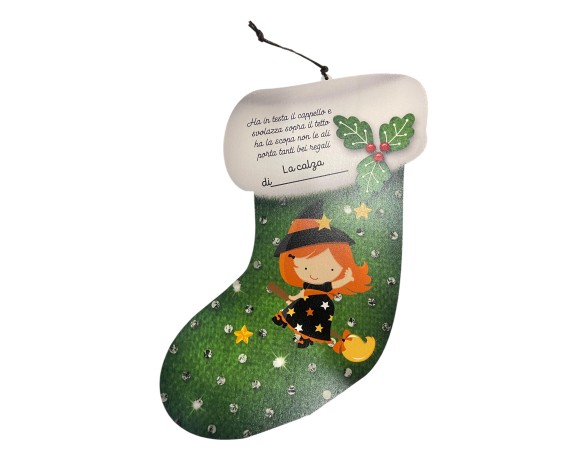 CALZA BEFANA IN LEGNO CON SACCHETTO IN TESSUTO NATALE FABULA
