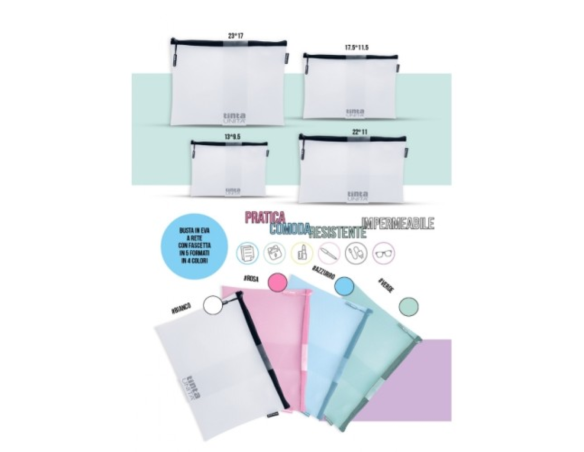 Busta pochette astuccio in Eva Mesh con cerniera e zipper puller formato A4 tinta unita