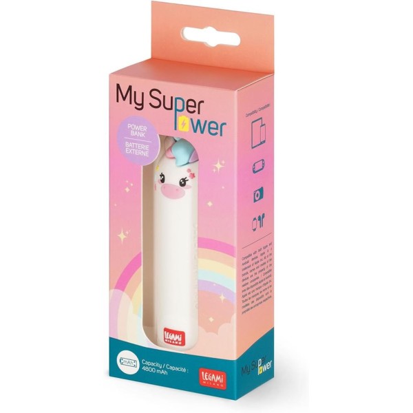 Legami - Caricabatteria Portatile, My Super Power, Batteria Ricaricabile, 8,8x10,6 cm, Tema unicorn , Cavo di Ricarica USB/Micr