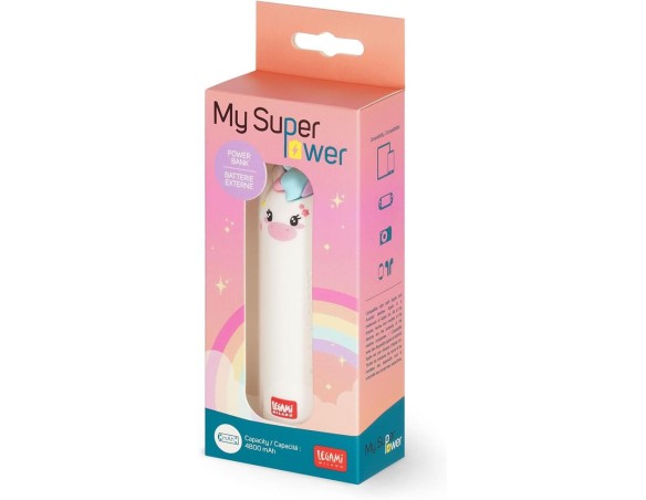 Legami - Caricabatteria Portatile, My Super Power, Batteria Ricaricabile, 8,8x10,6 cm, Tema unicorno , Cavo di Ricarica USB/Mic