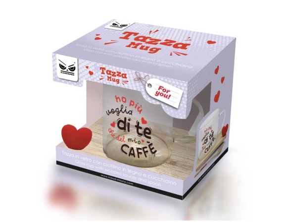 San Valentino |Tazza in vetro ho piu voglia di te con piattino in legno e cucchiaino San Valentino