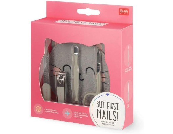Legami - Kit Manicure Kitty gatto - But First, Nails!, Forbicine, Tagliaunghie, Lima, Spingicuticole per Manicure e Pedicure, S