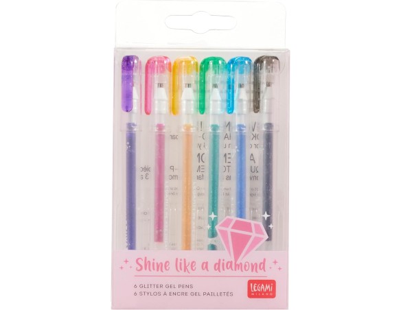 Legami - Set di 6 Mini Penne Gel Glitterate, 0,8x10,8 cm, Shine Like a Diamond, Diametro della Punta 1,0 mm, Colore Viola, Oro,