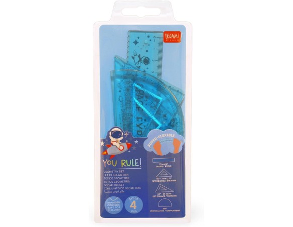Legami - Set di Geometria Tema Space, Set con Righello da 15 cm, Squadra 60° da 10 cm, Goniometro 180° per la Scuola, Custodia 