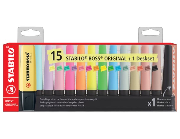 BASE EVIDENZIATORE BOSS ORIGINAL + BOSS PASTEL + NATURECOLORS + NERO DESK SET 15 COLORI STABILO