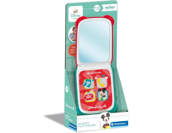 Clementoni Disney Baby - Mickey Topolino Flip Phone, Telefono Bambini 9-36 Mesi, Centro attività con 4 Tasti per Stimolare Il G