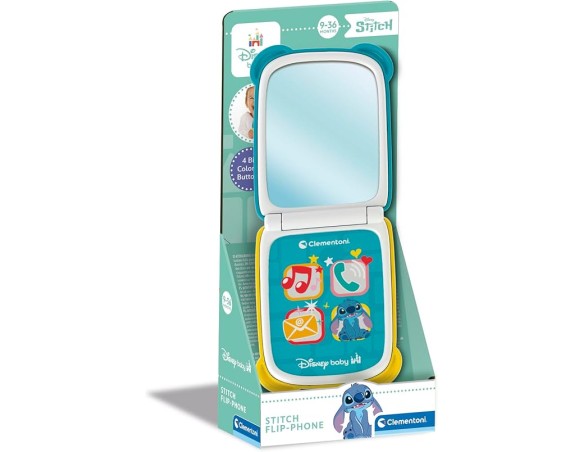 Clementoni Disney Baby - Stitch Flip Phone, Telefono Bambini 9-36 Mesi, Centro attività con 4 Tasti per Stimolare Il Gioco Imit