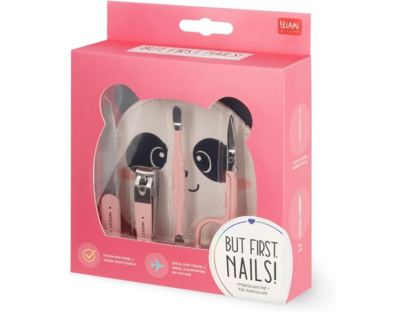 Legami Kit Manicure - But First, Nails!, Forbicine, Tagliaunghie, Lima, Spingicuticole per Manicure e Pedicure, Set Tascabile e
