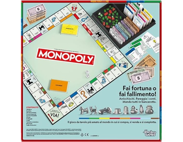Monopoly Monopoli Gioco classico da tavolo con vaschetta-contenitore e pedine più grandi - Versione italiana