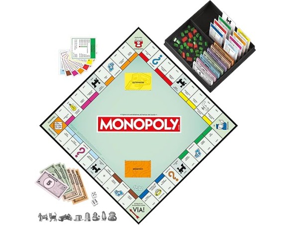 Monopoly Monopoli Gioco classico da tavolo con vaschetta-contenitore e pedine più grandi - Versione italiana