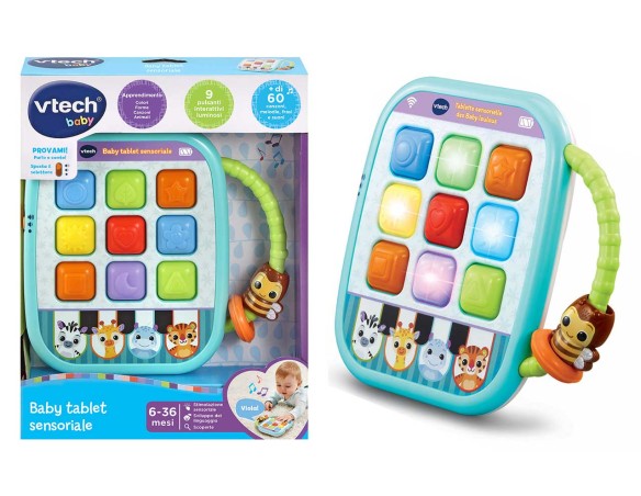 VTech Baby Tablet Sensoriale, Tablet Interattivo con più di 35 Canzoni, Frasi, Suoni, 9 Pulsanti Morbidi per Imparare Colori e 