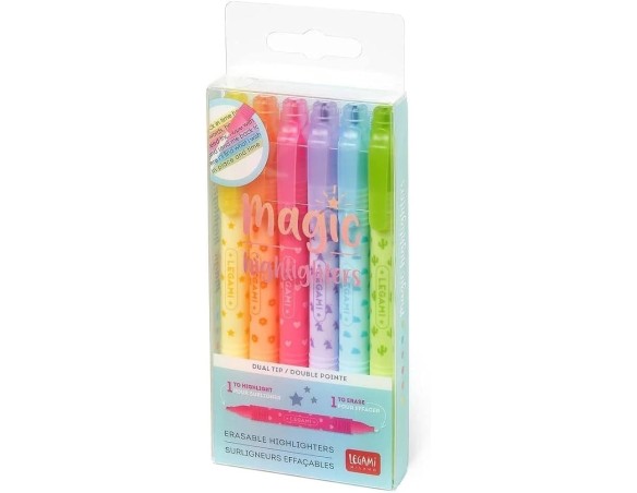 Legami - Set di 6 Evidenziatori Cancellabili, Magic Highlighters, Doppia Punta, in Giallo, Arancione, Rosso, Viola, Azzurro, Ve