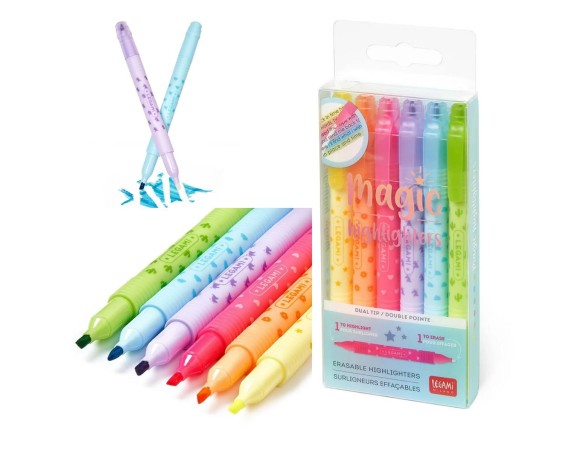 Legami - Set di 6 Evidenziatori Cancellabili, Magic Highlighters, Doppia Punta, in Giallo, Arancione, Rosso, Viola, Azzurro, Ve