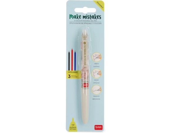 Legami - Penna Gel cancellabile 3 Colori, Ricaricabile, Impugnatura ergonomica, Punta 0,5 mm, Tema Travel