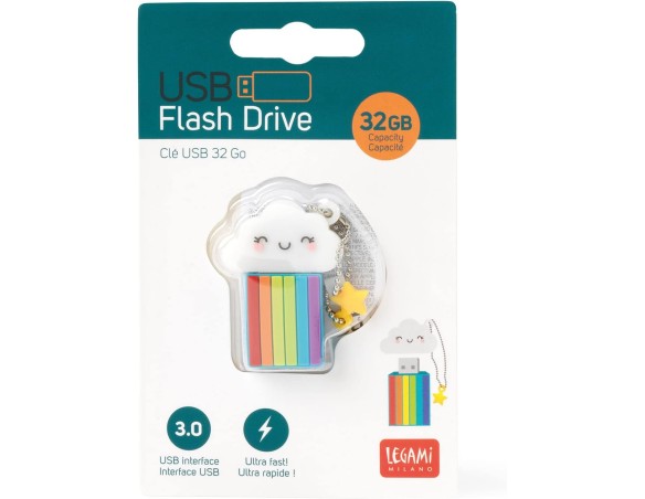 Legami - Pen drive Chiavetta USB 3.0, 32 GB, ultra veloce, Rivestimento in morbido PVC, 4x4,8 cm, Tema RAINBOW arcobaleno