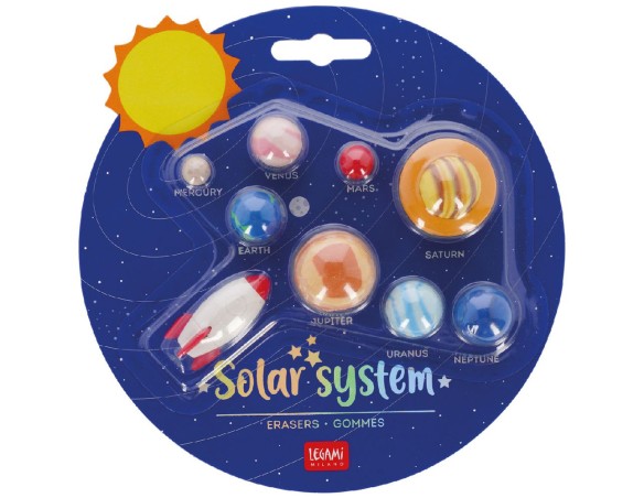Legami - Solar System, Set di 9 Gomme, 0,8x3,5 cm, Gomme a Forma di Razzo, Pianeti, Sole, per Cancellare con Precisione