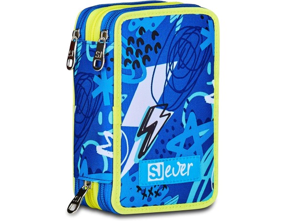 Seven  SJ GANG STYLE JAM GANG Astuccio Scuola 3 Zip Sj Ever, Blu, Portapenne Triplo Scomparto Completo Di Penne, Matite, Colori