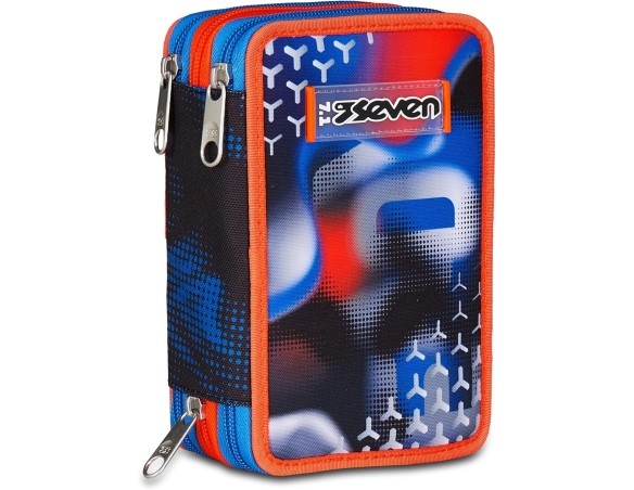 Seven Astuccio Scuola 3 Zip, Nero Blu, Portapenne Triplo Scomparto Completo Di Penne, Matite, Colori, Accessori Zaino, Scuola E