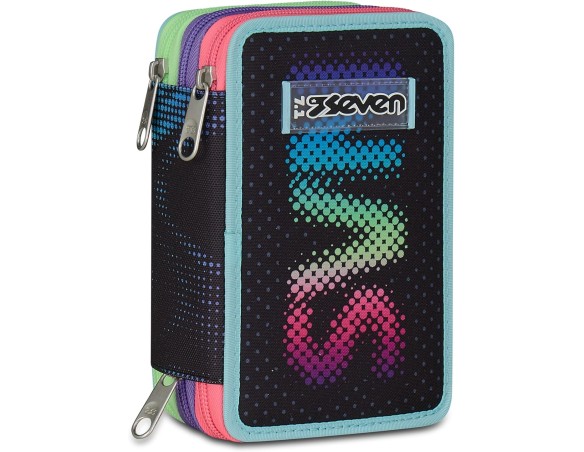 Seven Astuccio Scuola 3 Zip, Nero Fucsia, Portapenne Triplo Scomparto Completo Di Penne, Matite, Colori, Accessori Zaino, Scuol
