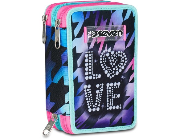 Seven Astuccio Scuola 3 Zip, Viola Fucsia, Portapenne Triplo Scomparto Completo Di Penne, Matite, Colori, Accessori Zaino, Scuo
