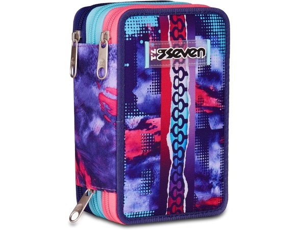 Seven Astuccio Scuola 3 Zip, Viola, Portapenne Triplo Scomparto Completo Di Penne, Matite, Colori, Accessori Zaino, Scuola Elem