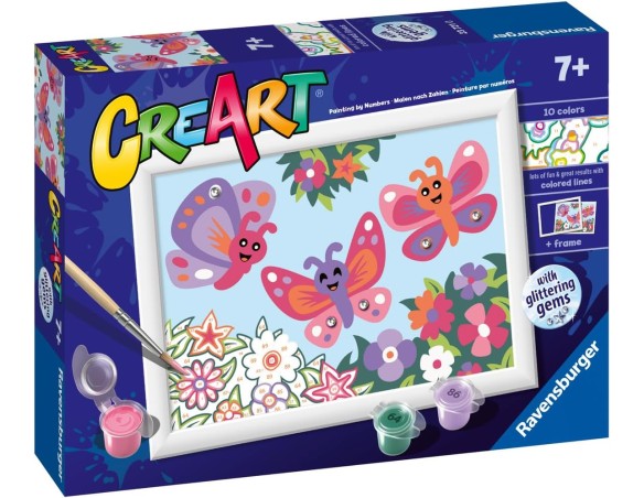 Ravensburger CreArt Serie E: Farfalle glitter, Kit per Dipingere con i Numeri, Contiene una Tavola Prestampata, Pennello, Color