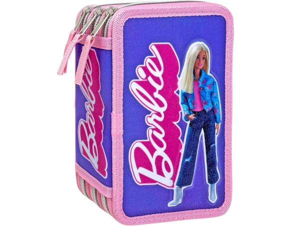 Barbie | Astuccio 3D 3 Scomparti Bambina, Per Barbie Fan, Triplo Riempito, 44 Accessori Scuola Elementare, 3 Zip, 20cm, Riga, P