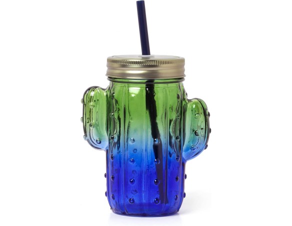 Legami - Bicchiere in Vetro con Tappo e Cannuccia, Cheers, 11x14,5 cm, 350 ml, in Vetro, Plastica, Acciaio Inox, Tema Cactus, B