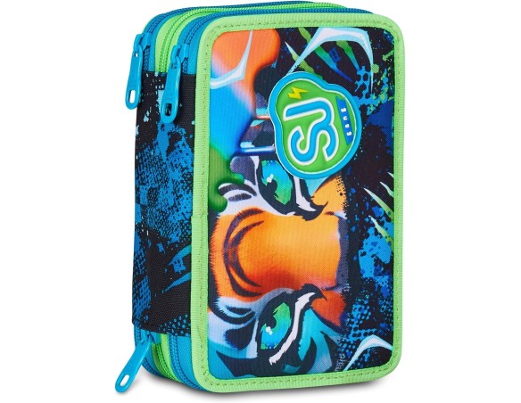 Seven | SJ GANG STYLE JAM GANG Astuccio Scuola 3 Zip Air Tiger, Blu, Portapenne Triplo Scomparto Completo Di Penne, Matite, Col