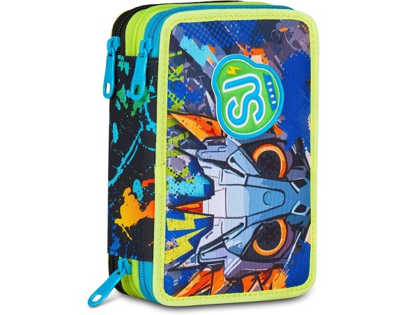 Seven | SJ GANG STYLE JAM GANG Astuccio Scuola 3 Zip Led Look, Blu, Portapenne Triplo Scomparto Completo Di Penne, Matite, Colo