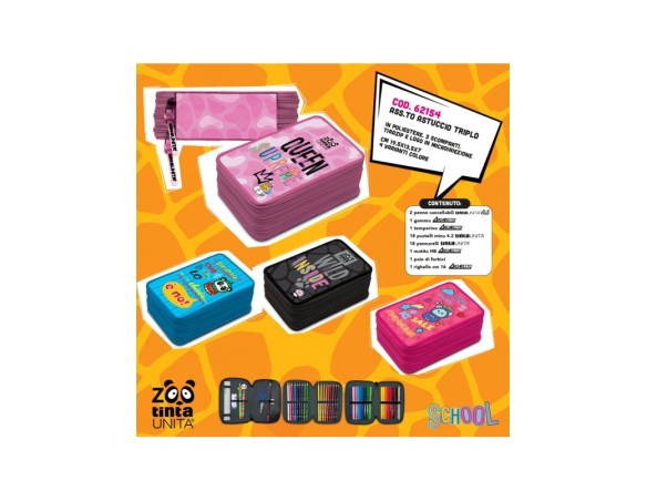 Astuccio 3zip Tinta Unita ZOO 2025 con pennarelli, pastelli e cancelleria
