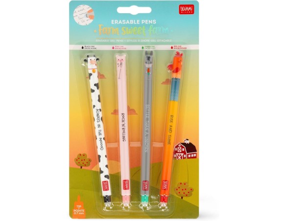 Legami - Set di 4 Penne Gel Cancellabili Fattoria Farm Sweet Farm, Penne con Inchiostro Cancellabile Termosensibile, Nero, Rosa