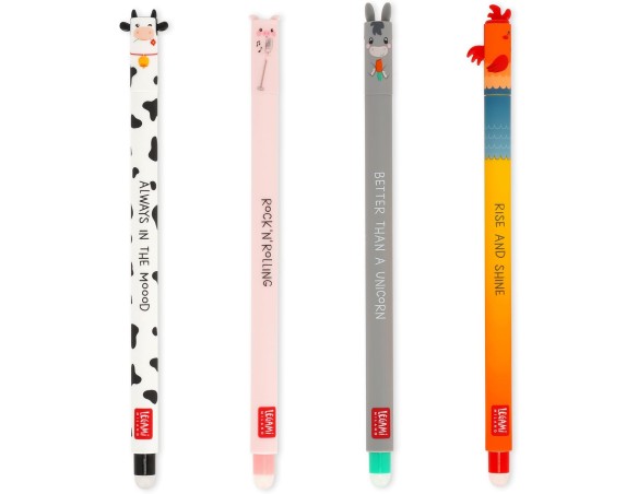 Legami - Set di 4 Penne Gel Cancellabili Fattoria Farm Sweet Farm, Penne con Inchiostro Cancellabile Termosensibile, Nero, Rosa