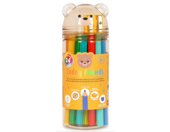Legami - Set di 24 Matite Colorate con Temperino Teddy Friends, Pastelli per Colorare, a Forma di Orsetto, Resistenti, Senza Le