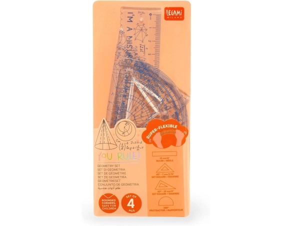 Legami - Set di Geometria, Set con Righello da 15 cm, Squadra 60° da 10 cm, Goniometro 180° per la Scuola, Custodia Inclusa, Ma