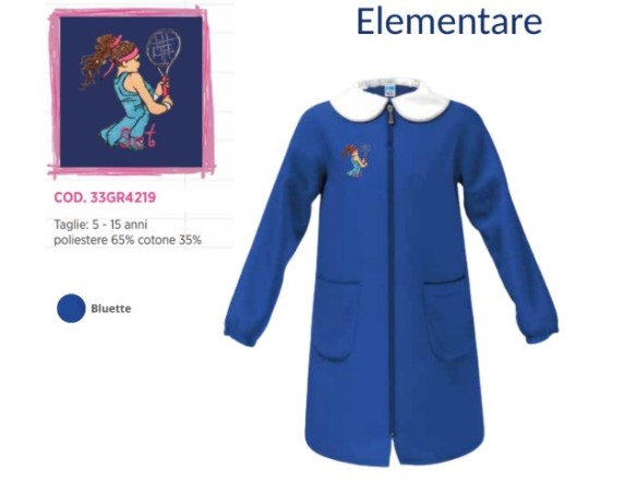 Grembiule con zip cerniera scuola elementare blu bambina Siggi Made in Italy ricamo  ragazza bambina tennista tennis 4219