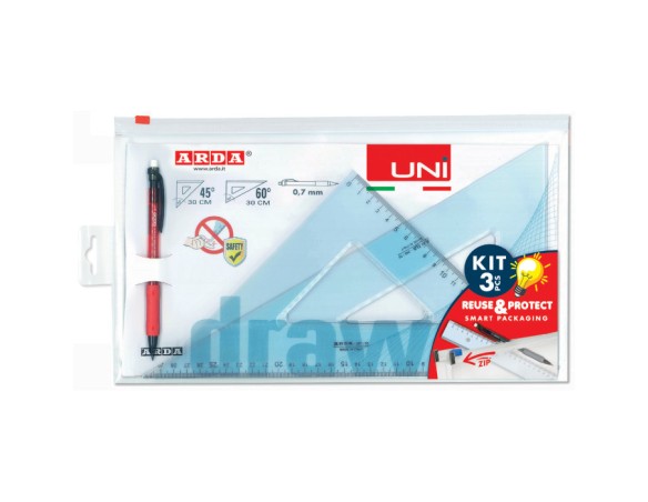 SMART PACK COPPIA SQUADRE DISEGNO CM.30 45° + 60° + PORTAMINE 0,7 MM. UNI ARDA