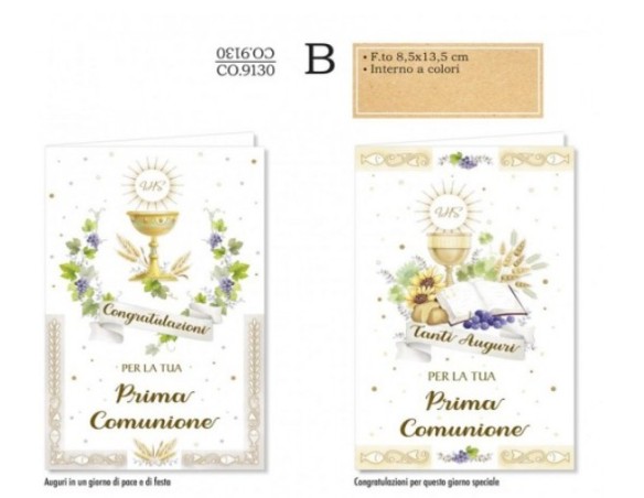 Biglietto di auguri piccolo per Prima Comunione con busta e tasca porta soldi Cromo 8,5 X 13,5