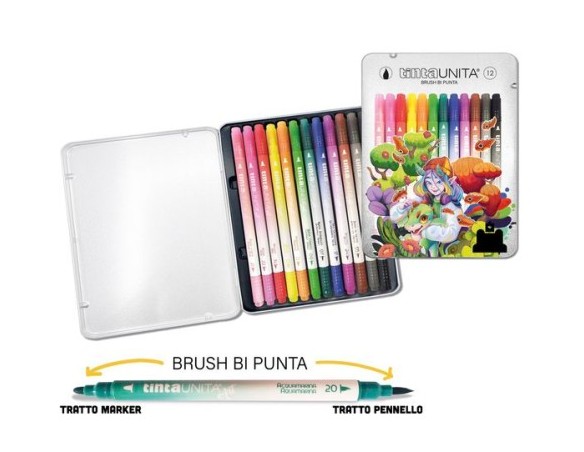 Tinta Unita metal box 12 pennarelli brush bi-punta – edizione Fraffrog, scatola in metallo